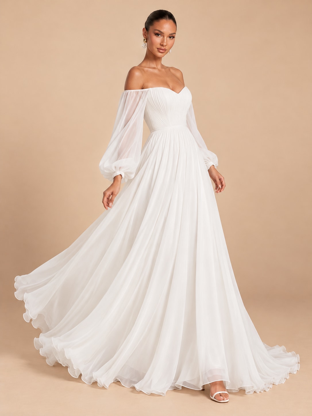 White Off-Shoulder Puff Sleeve Gown for Weddings & Gala